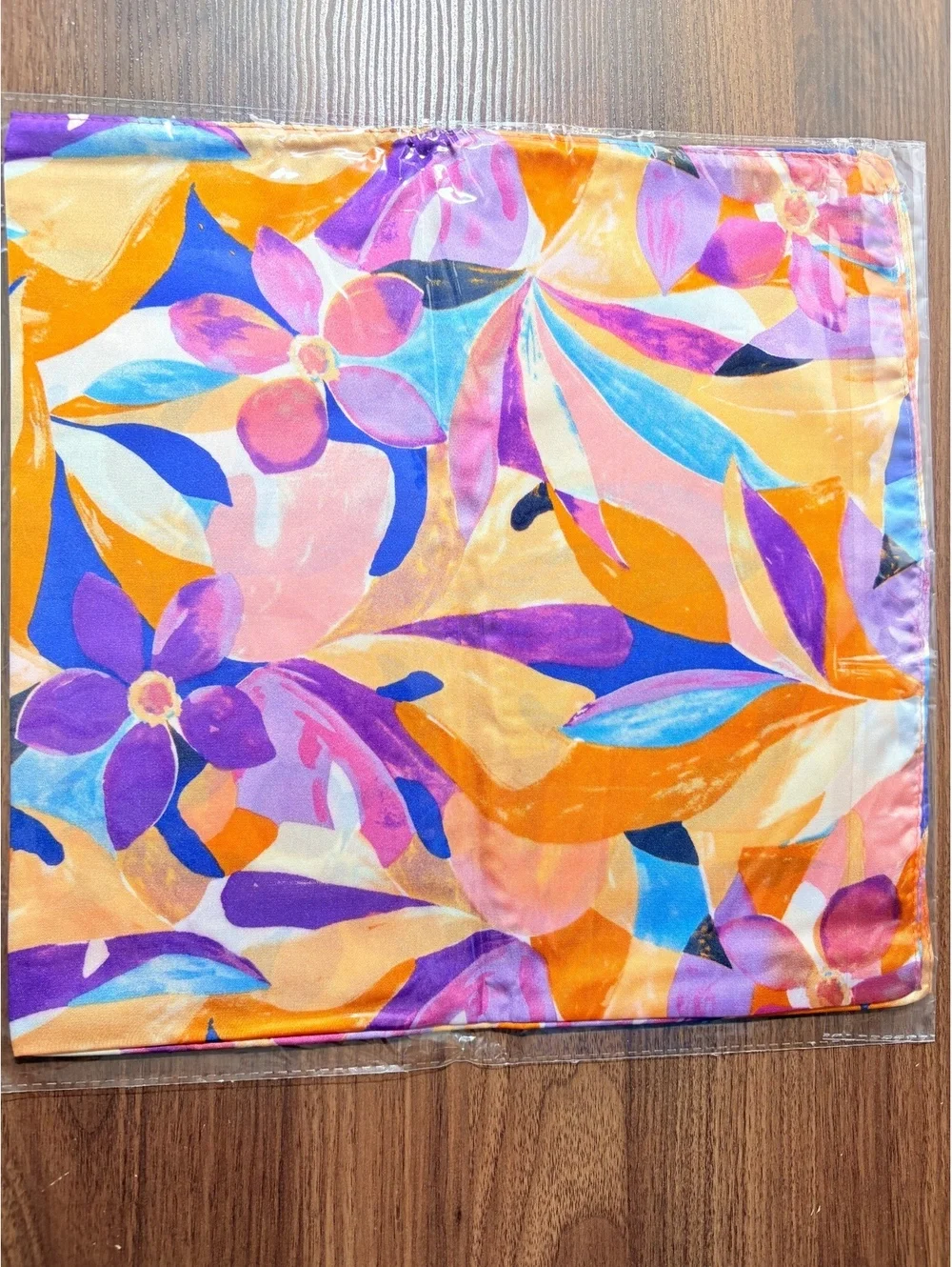 Colorful Floral Pattern Scarf with Orange, Pink, Blue, and Purple Leaves
